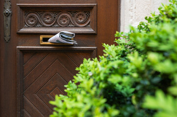Traditional Wooden Door Mail Slot Newspaper Delivery European Architecture Heritage House