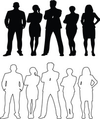 Vector icon set of man and woman in silhouette and outline, perfect for web design, mobile apps, and branding.