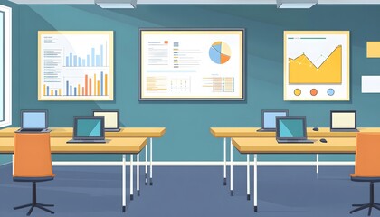 Modern office workspace with charts, data, and computers.