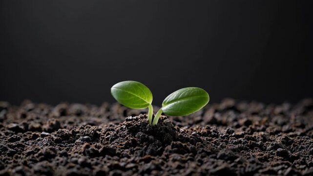 Video of a small plant sprouting from soil, symbolizing growth and renewal. Minimalist style with a close-up camera angle.