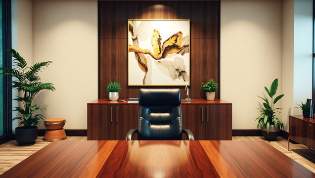This is a modern executive office with a wooden desk, leather chair, minimalist decor, potted plants, and a framed abstract painting. It has a professional, sophisticated atmosphere.