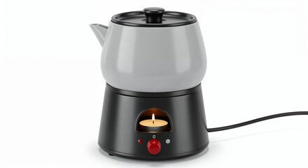 Vintage tea warmer isolated on white, front view, soft shadow, clear design and candle area details