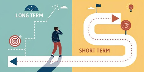 Man Choosing Short vs. Long-Term Goals Illustration, Path, Decision, Goal Setting goal planning, strategic decision