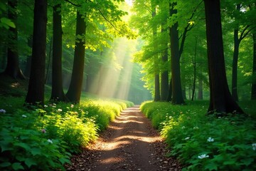 Obraz premium Sun-Dappled Forest Path A Tranquil Summer Escape Through Lush Greenery