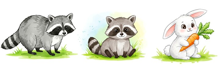 Cute raccoons and rabbit with carrot in a grassy environment  