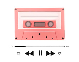 audio pink cassette tape vintage love sound of music sketch, hand on a transparent background.