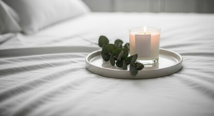 Serene Bedroom Still Life with Candle and Eucalyptus