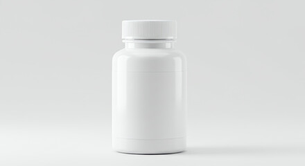 A white plastic bottle with a screw-on cap stands on a white surface.