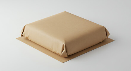 Square package wrapped in brown paper, sitting on a cardboard base, presented on a white surface.