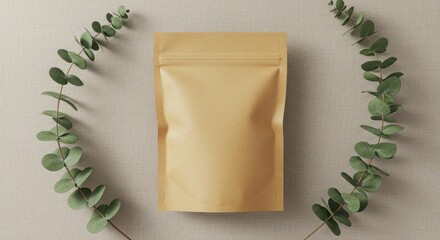Kraft Paper Pouch Mockup on Linen Tablecloth with Eucalyptus Leaves, Top-Down View