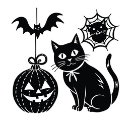 Halloween witch with black cat sitting on pumpkin, cartoon vector illustration.

