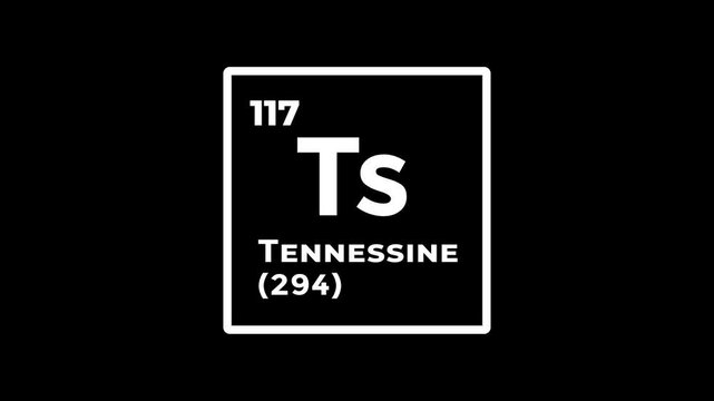 Tennessine, chemical element of the periodic table graphic animation. Alpha channel. Transparent background motion design. 4K resolution