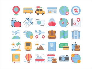 Travel icons collection set, including transportation, destinations, travel essentials, and accommodations. Perfect for travel apps, guides, infographics, and tourism-related designs.