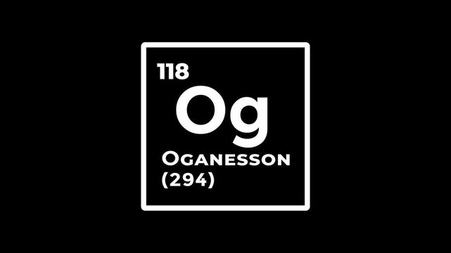 Oganesson, chemical element of the periodic table graphic animation. Alpha channel. Transparent background motion design. 4K resolution