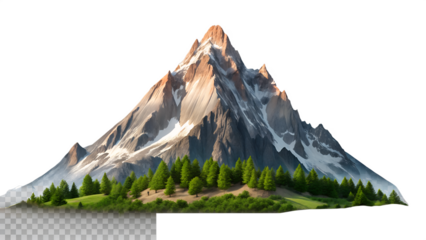 Snow capped mountain peak with green trees isolated on transparent background