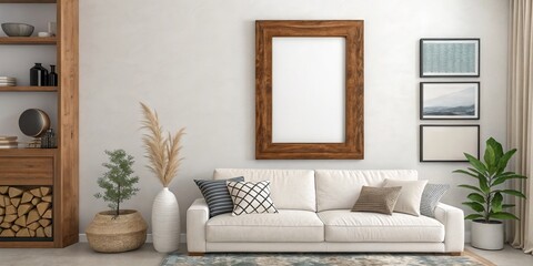 Modern Living Room Mockup Beige Sofa, Wooden Frame, Scandinavian Decor, Neutral Palette Living room, mockup, interior design