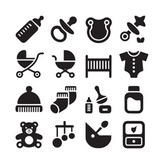 Black baby care icons set on white background baby bottle pacifier baby bib rattle