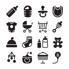 Black baby icons including bottle pacifier bib onesie stroller shopping cart rattle hat sock teddy bear crib mobile and more
