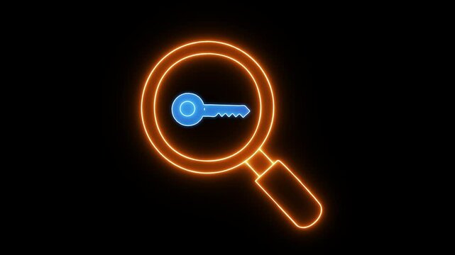 A glowing orange neon magnifying glass focusing on a bright blue key icon, set against a dark black background. The image represents concepts such as access, password search, cybersecurity, 