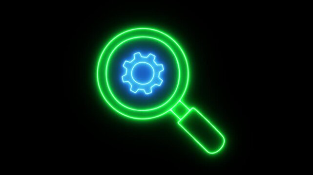 A glowing orange neon magnifying glass highlighting a gear icon on a black background. The image symbolizes system search, technical optimization, settings analysis, diagnostics, 