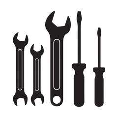 Black silhouette of three wrenches and two screwdrivers arranged horizontally on a white background tool