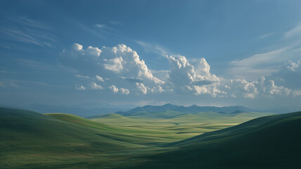 草原の丘と青空の景色