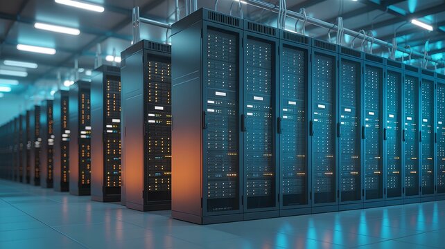 Row of network servers with glowing LED lights for cloud computing infrastructure - Powered by Adobe