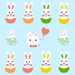 Seamless pattern cute easter rabbits with eggs and flowers, color pastel.