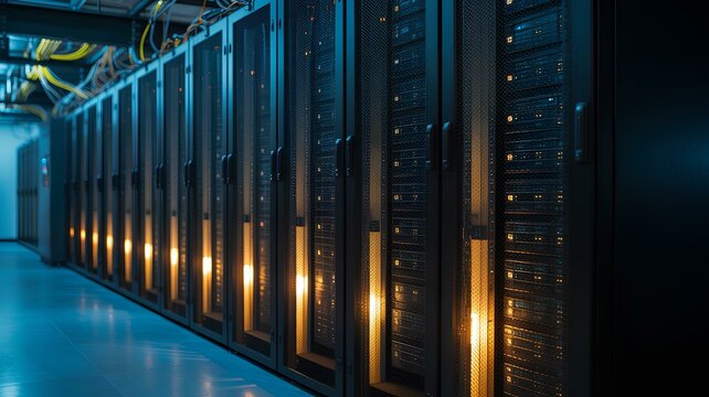 Row of high-tech network servers with glowing LED lights