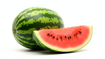 A high-resolution image of a whole watermelon with green-striped rind and a vibrant red juicy slice in front. Isolated on a clean white background, ideal for food and summer-themed designs.