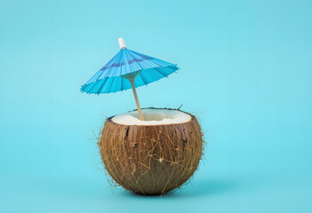 Half coconut with blue paper cocktail umbrella on turquoise background