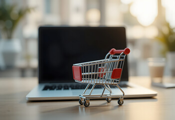 Online shopping concept with miniature shopping cart standing in front of laptop, Generative AI Illustration
