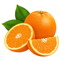 Fresh oranges whole and sliced with green leaves isolated on transparent background isolated on white background