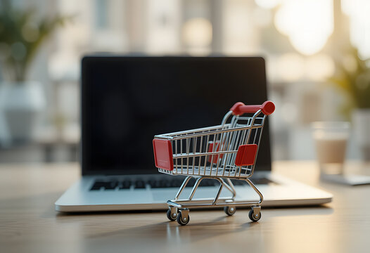 Online shopping concept with miniature shopping cart standing in front of laptop, Generative AI Illustration