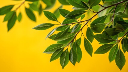 Leaves, green foliage, branch, minimal, vibrant yellow background, close-up, 4k, high quality, detailed, natural lighting , graphic background images