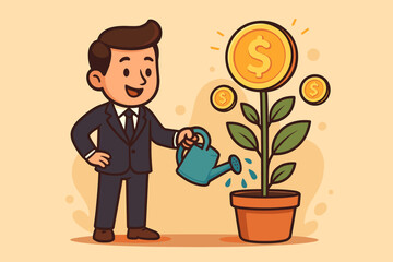 Cartoon businessman in suit watering money tree plant with gold coins, symbolizing financial growth, investment, wealth management, profit success, business prosperity, and economic development