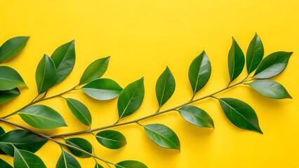 Leaves, green foliage, branch, minimal, vibrant yellow background, close-up, 4k, high quality, detailed, natural lighting , graphic background images