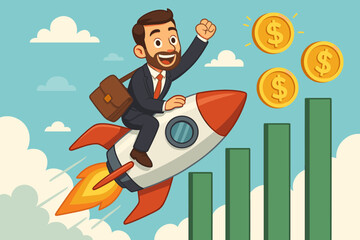 Ambitious businessman riding rocket to financial success, salary growth, profit increase, career advancement, business achievement, earnings boost, investment, cartoon vector illustration