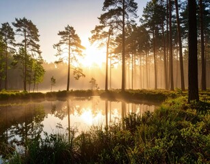 Obraz premium Sunrise over a misty forest pond