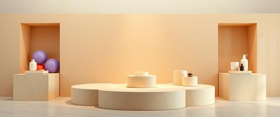 Beige geometric concrete podiums, minimalist product display ,  podium,  product photography