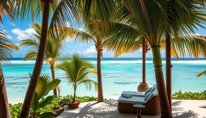 Lush Tulum palms shade a beachfront cabana, turquoise water visible,   leaves,  sun