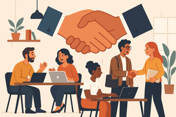 Diverse entrepreneurs and freelancers collaborating in a co-working space. Business people networking, teamwork concept. Partnership agreement with handshake. Flat vector illustration.