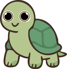 A cute cartoon turtle with big round eyes and a happy smile stands cheerfully in a simple, playful illustration style.