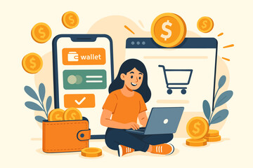 Cashback online shopping concept. Woman with laptop makes digital payment using e-wallet app. Customer gets money reward from internet purchase. Smart finance, saving, loyalty program.
