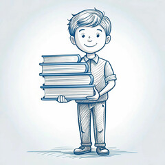 A hand-drawn sketch of a genius boy holding a stack of books