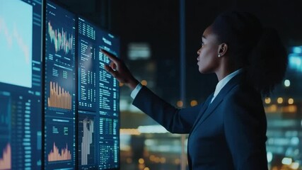 Young professional woman analyzes financial data on digital screens at night - Powered by Adobe