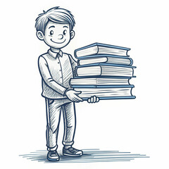 A hand-drawn sketch of a genius boy holding a stack of books