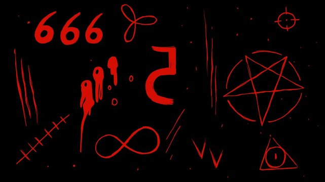 Dynamic horror background with bloody occult symbols on black screen. 2D animation with runes, pentagrams, scars, and bullets in 4K.