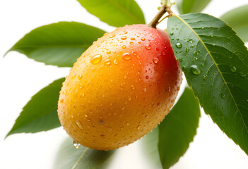 A close up of a ripe mango with leaves and water droplets on a white background in bright light