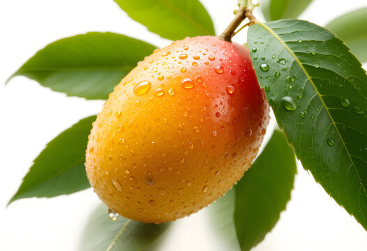 A close up of a ripe mango with leaves and water droplets on a white background in bright light